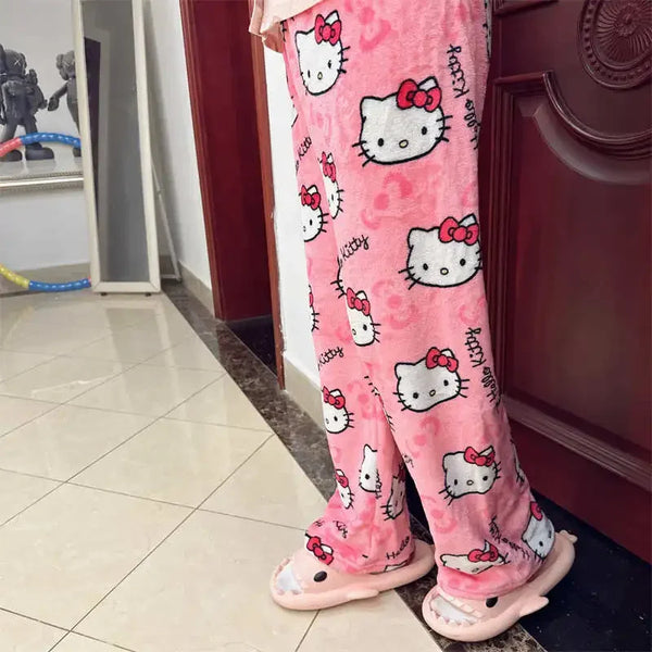 Sanrio Hello Kitty Fleece Coral Pajama Pants Soft Trousers Women Casual Home Trousers Kawaii Anime Cartoon Birthday Gift